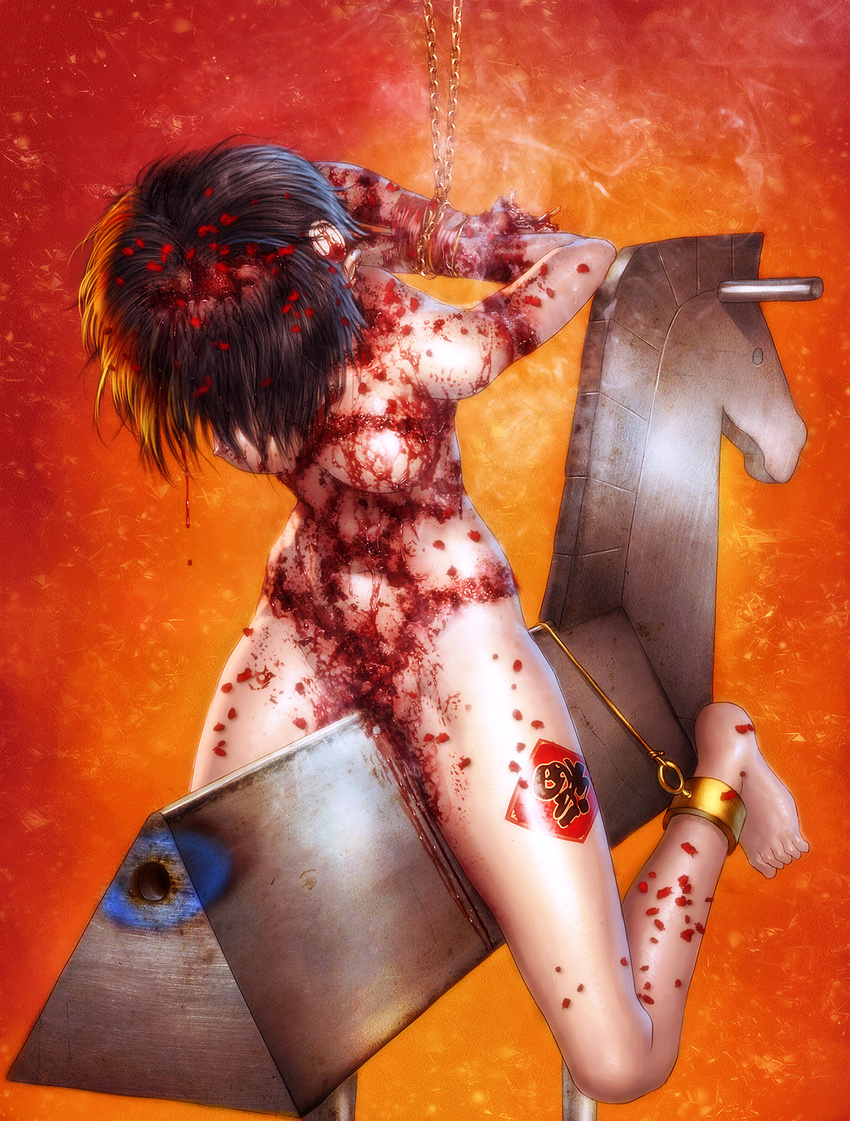 bdsm black_hair blood chinese_new_year death fire firecrackers guro highres injury original ribbon s_zenith_lee short_hair torture wooden_horse