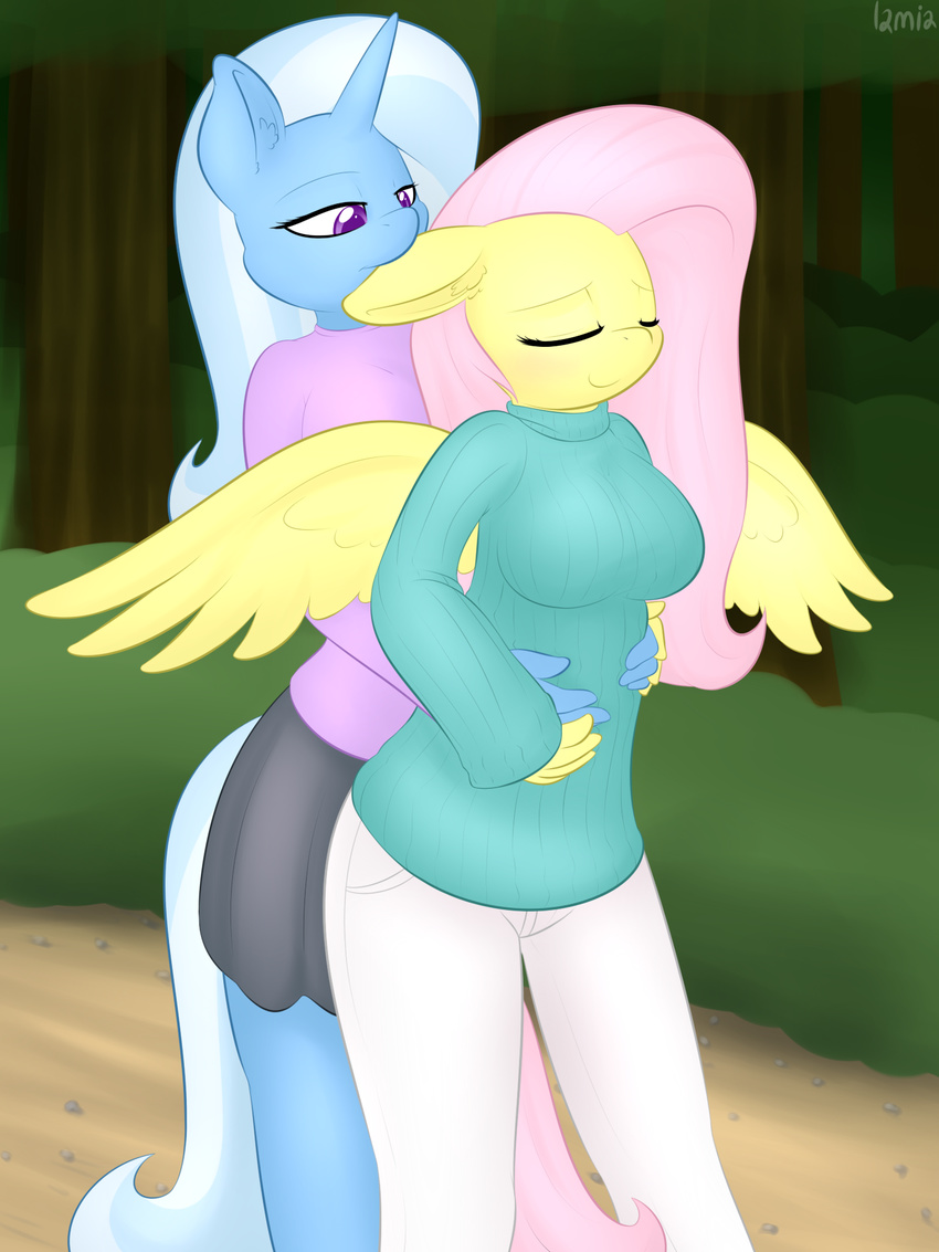 anthrofied big_breasts blue_fur breasts clothed clothing duo ear_biting equine eyes_closed female fluttershy_(mlp) forest friendship_is_magic fur hair half-closed_eyes hi_res horn horse hug hug_from_behind lamiaaaa lesbian long_hair mammal mane miniskirt my_little_pony outside pants pegasus pink_hair purple_eyes signature smile spread_wings standing sweater tree trixie_(mlp) two_tone_hair unicorn wings yellow_fur