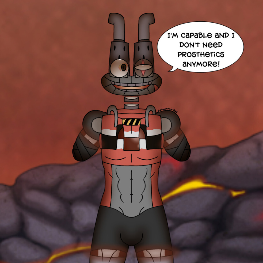 1:1 2_limbs_missing 2_missing_limbs abs amputee anthro armless belly black_bandage black_bottomwear black_clothing black_shorts bottomwear brown_core brown_electric brown_eyes brown_lightning brown_orb bulge chapstick clothing core cybernetics cyborg detailed_shading dialogue digital_drawing_(artwork) digital_media_(artwork) disability double_amputee earless earth_island electric electricity electronics emoji english_text epic_wubbox exhaust_pipe exhaust_pipe_horns eye_scar facial_scar fire_emoji floating_neck gantlety glowing gray_neck grey_belly grey_neck grey_shoulder_pads half_body hazard_stripes hi_res humanoid i'm_capable_and_i_don't_need_prosthetics_anymore! lightning lip_scar looking_at_another looking_at_dead_person machine magma_cube_(satuputra) male missing_all_arms missing_arm muscular muscular_male noseless not_blood not_furry open_mouth open_smile orb organs outside red_body rib_cage satuputra scar scenery_porn shaded shorts shoulder_pads skull_emoji smile smiling_at_viewer soft_shading solo speech_bubble teeth text traced wall_of_tags wubbox_(my_singing_monsters)