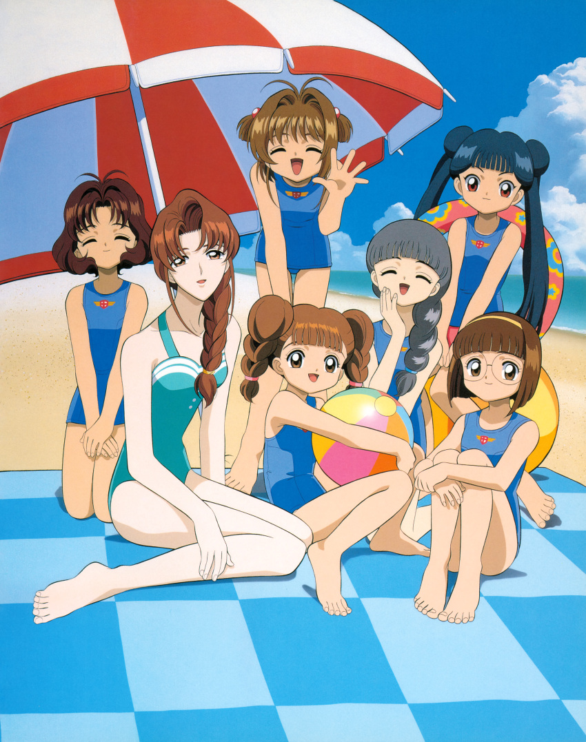 6+girls absurdres ball barefoot beach beachball cardcaptor_sakura closed_eyes daidouji_tomoyo feet friends glasses highres kinomoto_sakura li_meiling mihara_chiharu mizuki_kaho multiple_girls official_art open_mouth salute sand sasaki_rika scan water