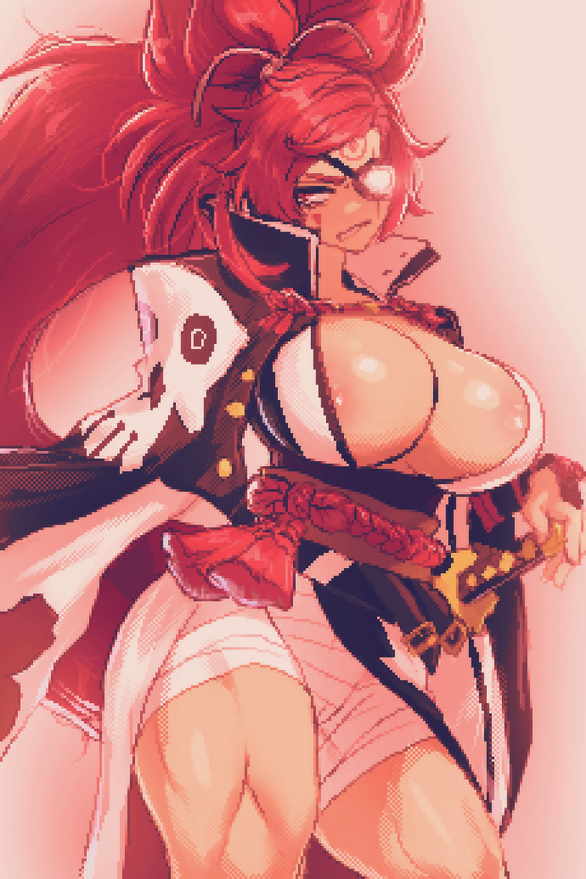 1girl absurdres amputee baiken big_hair black_jacket black_kimono breasts cleavage eyepatch facial_tattoo guilty_gear guilty_gear_xrd highres jacket jacket_on_shoulders japanese_clothes kataginu katana kimono large_breasts long_hair long_sleeves looking_at_viewer multicolored_clothes multicolored_kimono one-eyed open_clothes open_kimono ponytail red_eyes red_hair samurai scar scar_across_eye spoiledmuffin sword tattoo torn_sleeve weapon white_kimono
