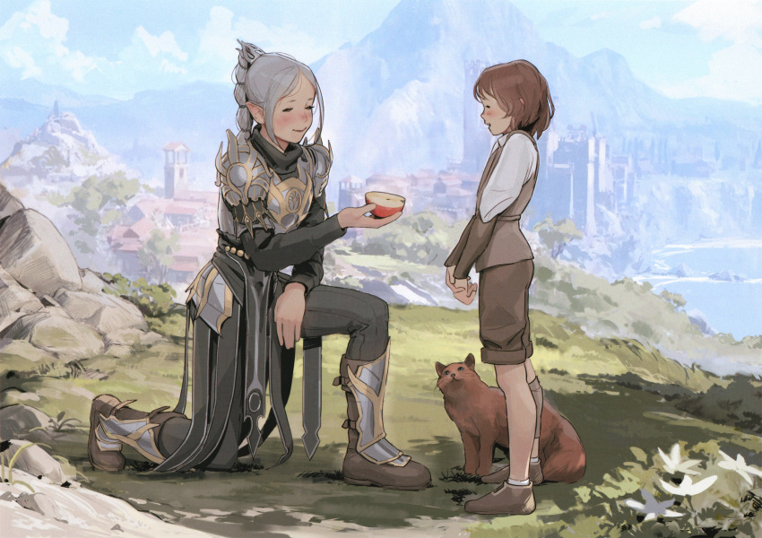 2girls absurdres animal apple apple_slice armor baldur's_gate baldur's_gate_3 boots braid braided_ponytail breastplate brown_footwear brown_hair cat child closed_eyes cloud cloudy_sky commentary day dungeons_and_dragons elf english_commentary facing_another flower food fruit full_body giving grass grey_hair highres holding holding_food holding_fruit light_blush long_hair luimiart multiple_girls on_one_knee open_mouth parted_bangs pointy_ears profile rock shadowheart_(baldur's_gate) shorts shoulder_armor sky smile