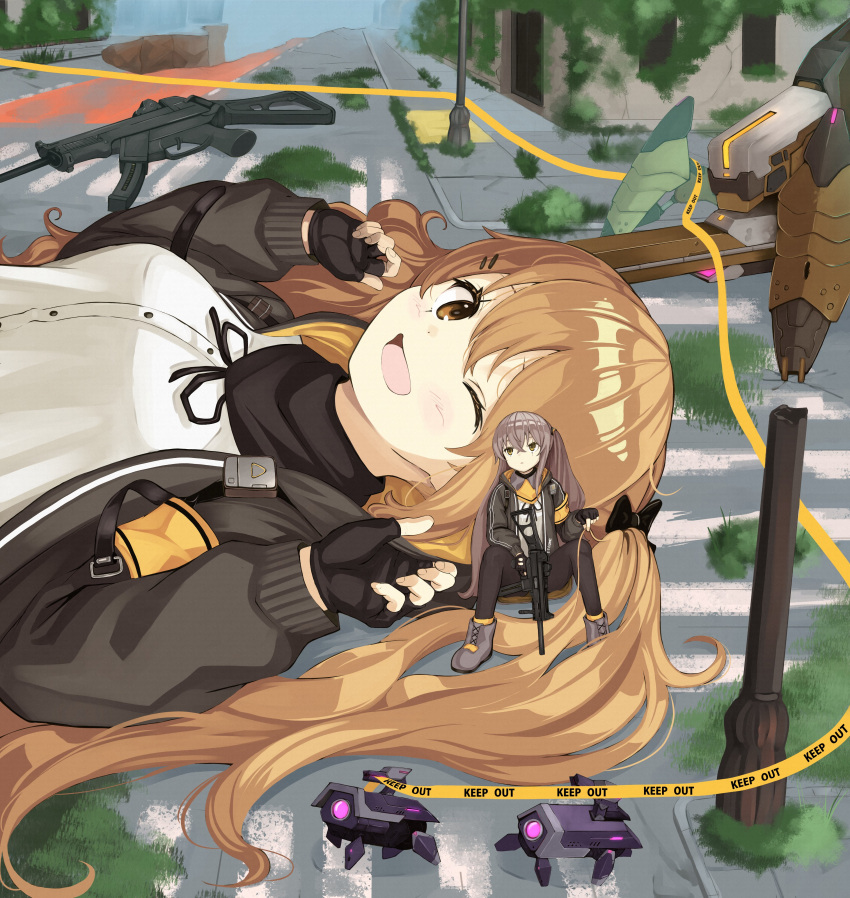 2girls absurdres brown_hair giant giantess girls'_frontline gun highres holding holding_weapon keep_out long_hair multiple_girls skirt twintails ump45_(girls'_frontline) ump9_(girls'_frontline) weapon