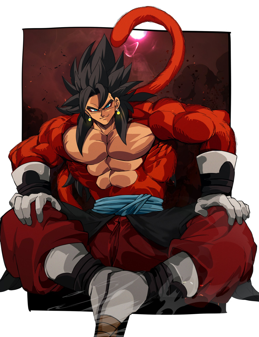 1boy absurdres biceps black_hair blue_sash body_fur boots dragon_ball dragon_ball_heroes earrings gigatan_d gloves hands_on_own_thighs highres jewelry long_hair looking_at_viewer male_focus monkey_boy monkey_tail muscular muscular_male no_nipples pants pectorals potara_earrings red_fur saiyan sash sitting smirk solo spiked_hair super_saiyan super_saiyan_4 tail time_patrol_(dragon_ball) vegetto vegetto_(xeno)