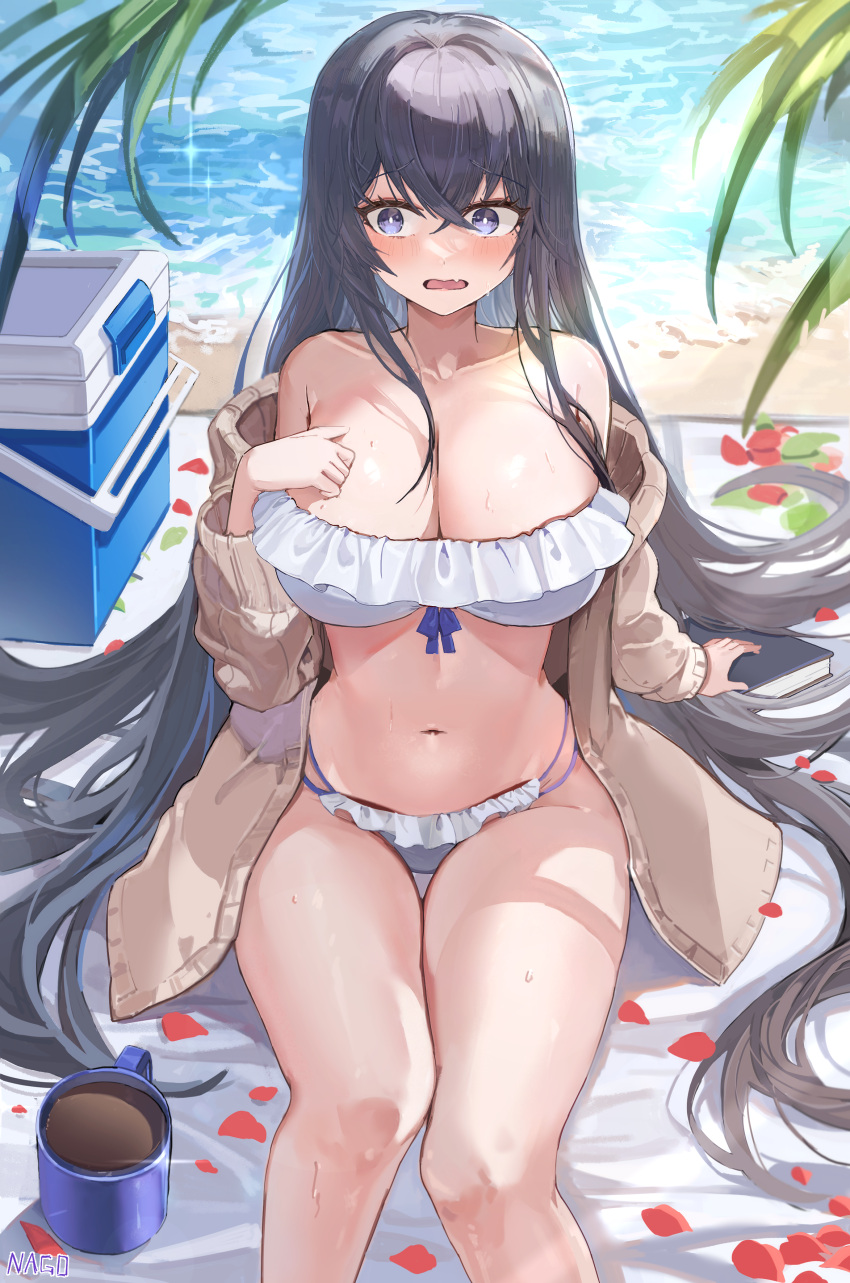 1girl absurdres bare_shoulders beach beach_mat bikini black_hair blue_eyes breasts bright_pupils brown_jacket cleavage coffee coffee_mug collarbone cooler cup day fang feet_out_of_frame frilled_bikini frills hand_up highres huge_breasts jacket long_hair long_sleeves looking_to_the_side mole mole_under_eye mug multi-strapped_bikini_bottom navel off_shoulder open_clothes open_jacket open_mouth original outdoors petals pong_0012 sitting solo stomach strapless strapless_bikini string_bikini swimsuit thighs very_long_hair wet white_bikini