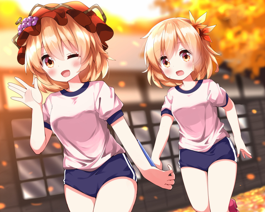 2girls :d aki_minoriko aki_shizuha autumn_leaves blonde_hair blue_buruma blush buruma commentary_request grape_hat_ornament gym_shirt gym_uniform hair_ornament hat highres leaf_hair_ornament mob_cap multiple_girls one_eye_closed orange_eyes orange_headwear outdoors red_footwear running ruu_(tksymkw) shirt short_hair short_sleeves smile touhou waving white_shirt