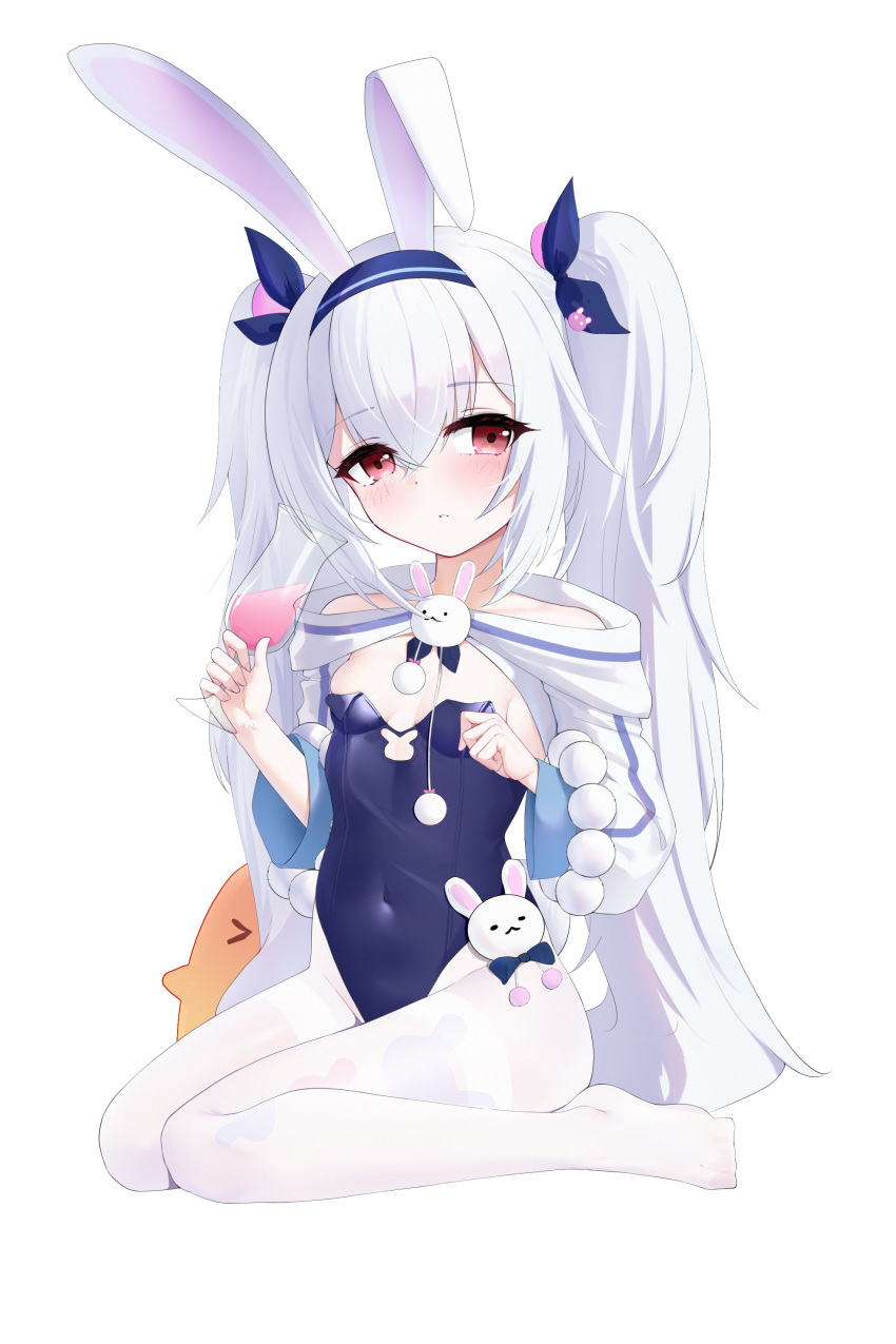 &gt;_&lt; 1girl absurdres animal_ears animal_print azur_lane bird blue_leotard blue_ribbon blush breasts chick commentary_request covered_navel crossed_bangs cup fake_animal_ears hair_ribbon hands_up highres holding holding_cup laffey_(azur_lane) laffey_ii_(azur_lane) laffey_ii_(sleepy_on_a_busy_day)_(azur_lane) leotard long_hair long_sleeves looking_at_viewer manjuu_(azur_lane) official_alternate_costume pantyhose parted_lips playboy_bunny rabbit_ears rabbit_print red_eyes ribbon simple_background small_breasts twintails white_background white_hair white_pantyhose zerotwenty_(020)