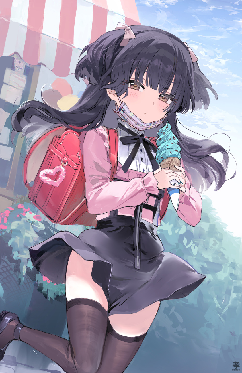 1girl absurdres backpack bag black_hair black_skirt black_thighhighs blush character_print dohyo123123 highres holding_ice_cream_cone ice_cream_cone idolmaster idolmaster_shiny_colors jirai_kei kuromi long_sleeves looking_at_viewer mask mayuzumi_fuyuko mint_chocolate mouth_mask outdoors pink_mask pink_shirt randoseru red_bag shirt skirt solo standing standing_on_one_leg thighhighs two_side_up