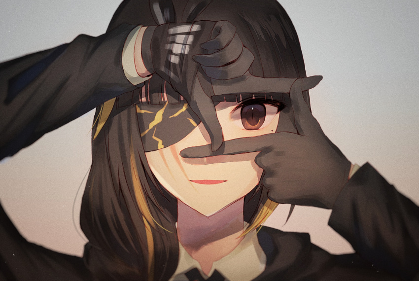 1girl black_gloves black_jacket brown_eyes brown_hair eyepatch girls'_frontline gloves jacket long_hair long_sleeves looking_at_viewer m16a1_(girls'_frontline) open_mouth scar shirt smile third-party_source xanax025 yellow_shirt