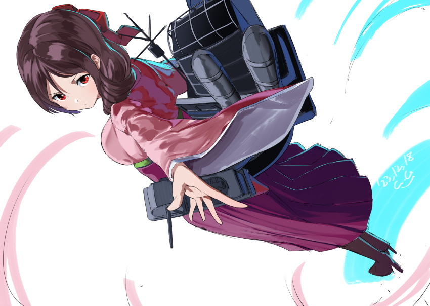 1girl boots bow brown_hair drill_hair dutch_angle from_above gegeron hair_bow hakama harukaze_(kancolle) high_heel_boots high_heels highres japanese_clothes kantai_collection machinery meiji_schoolgirl_uniform red_bow red_eyes red_hakama solo wide_sleeves