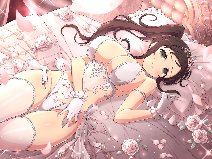 1girl bed_sheet bedroom blush bracelet breasts bridal_legwear bridal_lingerie brown_hair cleavage closed_mouth covered_navel dress falling_petals flower gloves green_eyes highres jewelry large_breasts lingerie long_hair looking_at_viewer lying murakumo_(senran_kagura) official_art on_back on_bed panties pearl_bracelet petals pillow ring rose rose_petals seductive_smile senran_kagura senran_kagura_new_link side_ponytail sideboob smile tiara underwear wedding_dress wedding_ring white_flower white_rose