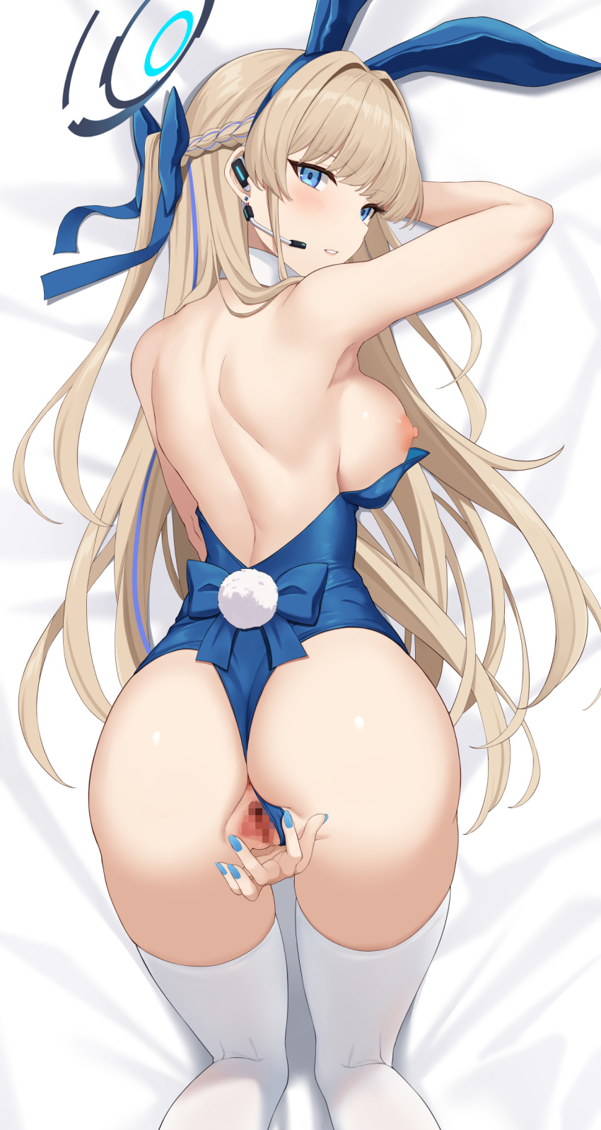 1girl animal_ears ass back backless_leotard bare_arms bare_shoulders blonde_hair blue_archive blue_eyes blue_hair blue_hairband blue_halo blue_leotard blue_nails breasts censored fake_animal_ears fake_tail from_behind hairband halo highres large_breasts leotard long_hair looking_at_viewer looking_back lying mosaic_censoring multicolored_hair nail_polish nipples official_alternate_costume on_stomach parted_lips playboy_bunny pussy rabbit_ears rabbit_tail solo spread_pussy streaked_hair tail terry_(pixiv3274443) thighhighs thighs toki_(blue_archive) toki_(bunny)_(blue_archive) white_thighhighs