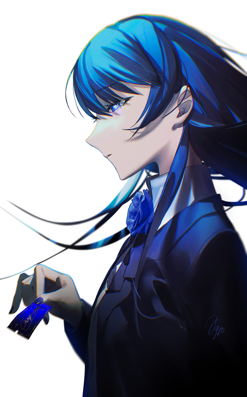 1girl absurdres ado_(utaite) agyou_sonokou_l black_bow black_bowtie blue_eyes blue_flower blue_hair blue_jacket blue_nails blue_rose blue_theme bow bowtie chando_(ado) chromatic_aberration cloud_nine_inc commentary_request floating_hair flower flower_brooch highres jacket long_hair nail_polish parted_lips rose signature simple_background solo upper_body utaite white_background