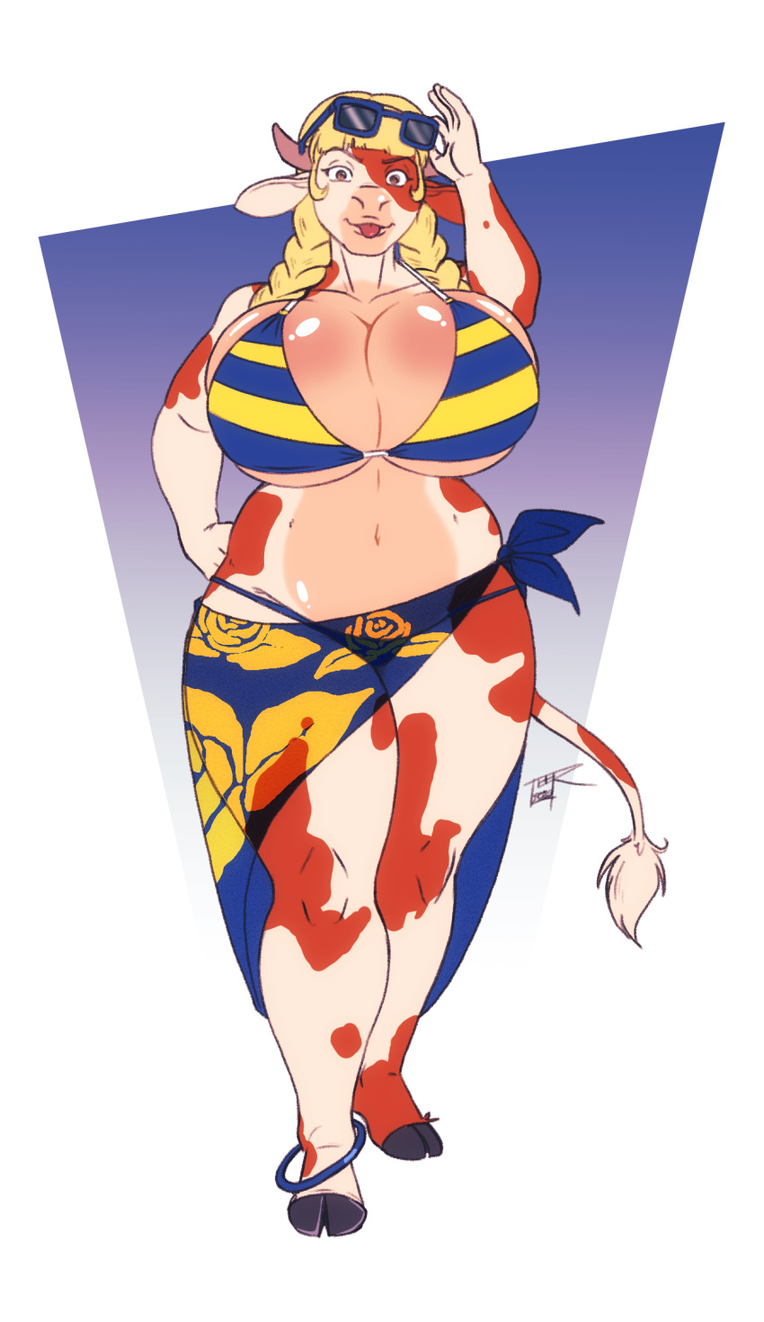 2020 anthro big_breasts bikini bovid bovine breasts cattle clothed clothing digital_media_(artwork) elyssa_douglas eyewear female hi_res holstein_friesian_cattle horn jewelry looking_at_viewer mammal sarong simple_background solo sunglasses swimwear tail teer