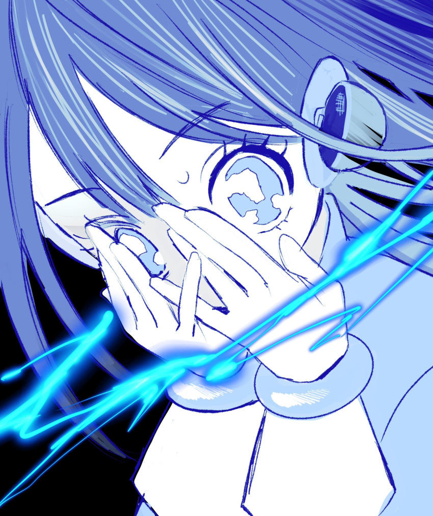 1girl black_background blue_eyes blue_hair blue_theme covering_face electricity gloves hands_on_own_face hands_up headgear highres long_hair monochrome original own_hands_together solo sweat upper_body urokogaran white_gloves