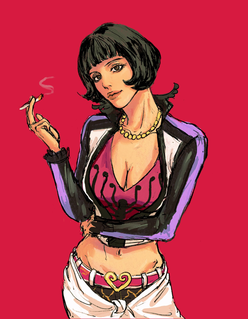 1girl black_hair blunt_bangs cigarette closed_mouth commentary highres holding holding_cigarette jewelry looking_at_viewer navel necklace nirelle_art one_piece red_background shakuyaku_(one_piece) short_hair simple_background smoke solo