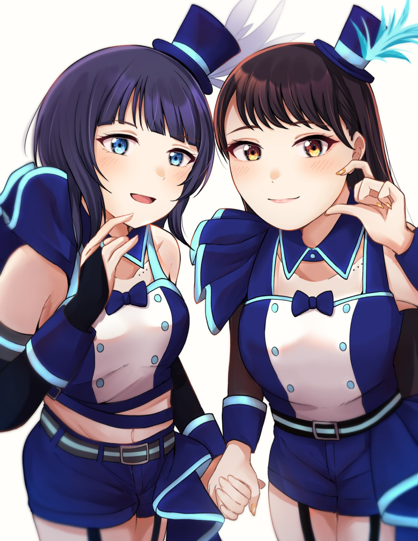 2girls asaka_karin black_gloves black_hair blue_eyes blue_hair blue_headwear blue_shorts blunt_bangs blush bridal_gauntlets camisole closed_mouth collarbone garter_straps gloves hat hat_feather highres holding_hands kubota_miyu long_hair looking_at_viewer love_live! love_live!_nijigasaki_high_school_idol_club medium_hair mini_hat mole_on_body multiple_girls open_mouth rrtp shorts tilted_headwear upper_body vivid_world_(love_live!) voice_actor voice_actor_connection white_background wrist_cuffs yellow_eyes