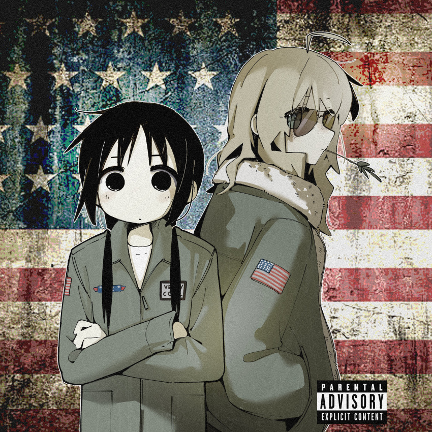 2girls absurdres ahoge alternate_costume american_flag black_eyes black_hair blonde_hair blue_eyes chito_(shoujo_shuumatsu_ryokou) crossed_arms highres long_hair looking_at_viewer machuuu68 multiple_girls parental_advisory shoujo_shuumatsu_ryokou yuuri_(shoujo_shuumatsu_ryokou)