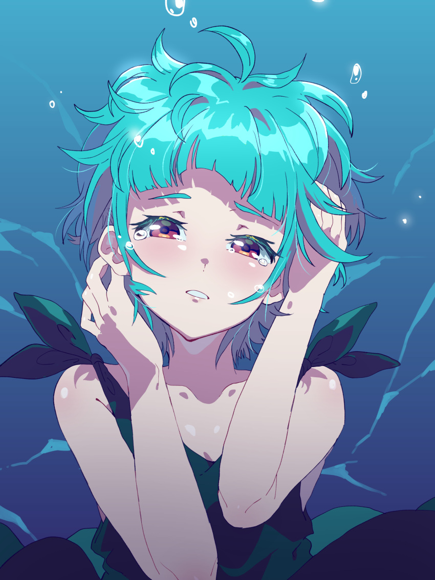 1girl ahoge air_bubble bare_shoulders black_dress blue_background blue_hair blunt_bangs bubble commentary_request dress hands_on_own_face hands_up highres looking_at_viewer omega_auru open_mouth pink_eyes pretty_series sad short_hair solo tears tsujii_ruki underwater upper_body waccha_primagi! water