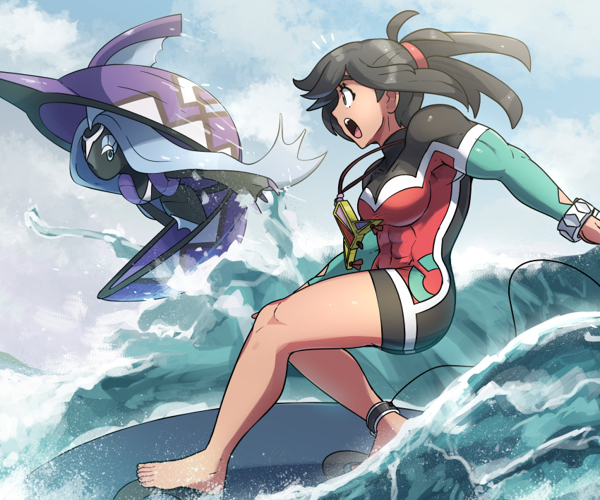 abs absurdres aged_up alternate_muscle_size highres jewelry juno_son muscular muscular_female necklace pokemon selene_(pokemon) surfboard surfing swimsuit tapu_fini thick_thighs thighs