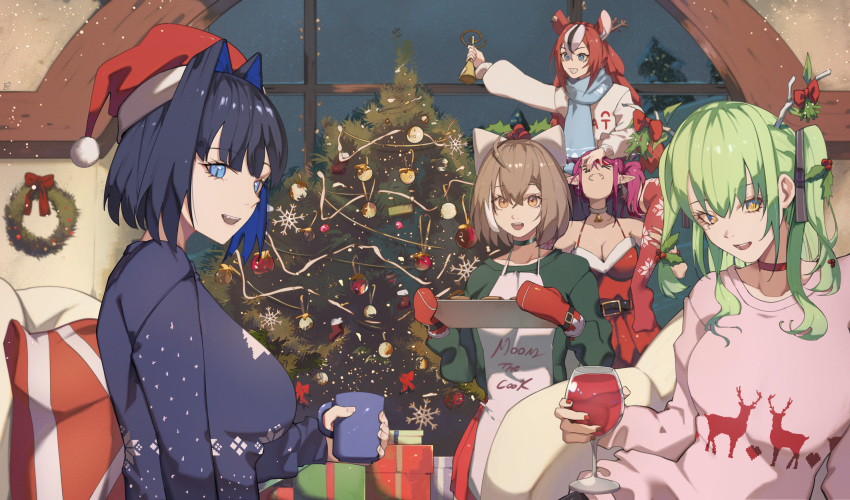 5girls absurdres ahoge animal_ears belt black_hair blue_hair blue_scarf breasts brown_belt brown_eyes brown_hair ceres_fauna choker christmas_ornaments christmas_present christmas_tree cleavage cup dress drinking_glass fur-trimmed_dress fur_trim gift green_choker green_hair green_shirt grey_sweater hair_intakes hakos_baelz highres holding holding_cup holocouncil hololive hololive_english irys_(hololive) leather_belt looking_at_viewer mistletoe_hair_ornament mouse_ears mouse_girl multicolored_hair multiple_girls nanashi_mumei o22no official_alternate_costume open_mouth ouro_kronii person_on_shoulder pointy_ears purple_hair red_choker red_dress red_hair red_thighhighs santa_dress scarf shirt sleeveless sleeveless_dress smile strawberry_baelz streaked_hair sweater thighhighs twintails two-tone_hair two_side_up virtual_youtuber white_hair wine_glass yellow_eyes