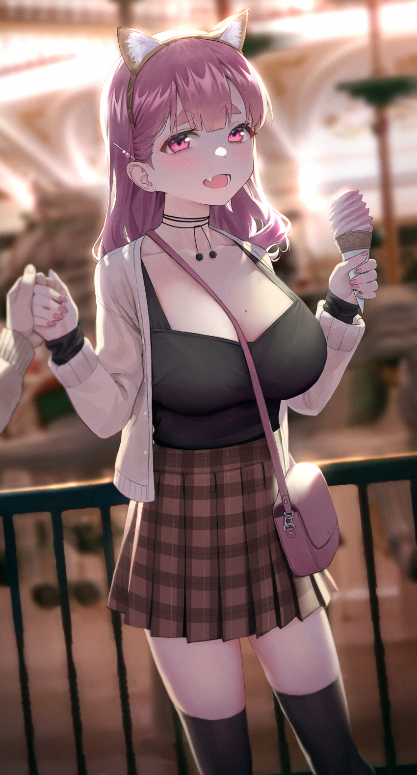 1girl absurdres animal_ears bag between_breasts black_shirt black_thighhighs blurry blurry_background breasts brown_skirt cardigan carrying_bag cat_ears commentary_request depth_of_field fake_animal_ears fang hair_ornament handbag highres holding_hands holding_ice_cream_cone large_breasts long_sleeves looking_at_viewer medium_hair mochirong nail_polish open_cardigan open_clothes open_mouth original outdoors pink_eyes pink_hair pink_nails pleated_skirt shirt shirt_tucked_in skirt solo_focus standing strap_between_breasts thighhighs white_cardigan zettai_ryouiki