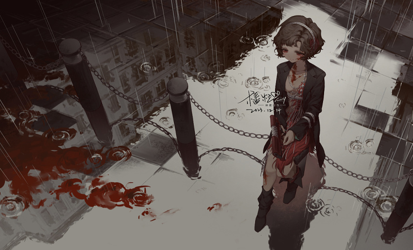 1girl black_footwear black_hair black_jacket blood blood_in_water blood_on_cheek blood_on_chest blood_on_leg bollard breasts chain chinese_commentary dated dress faerybou feather_dress gun hairband handgun holding holding_gun holding_weapon jacket jewelry necklace rain red_dress red_eyes reflection reverse:1999 schneider_(reverse:1999) short_hair signature sitting sitting_on_object small_breasts smile solo weapon
