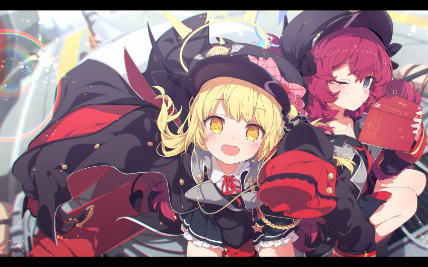 2girls absurdres black_coat black_headwear black_shirt black_skirt black_tail blonde_hair blue_archive blue_halo blush closed_mouth coat collared_shirt demon_tail frilled_skirt frills grey_eyes halo hat highres ibuki_(blue_archive) iroha_(blue_archive) letterboxed long_hair long_sleeves looking_at_viewer multiple_girls necktie ogipote one_eye_closed open_mouth peaked_cap pleated_skirt red_hair red_necktie shirt side_ponytail skirt smile tail yellow_eyes yellow_halo
