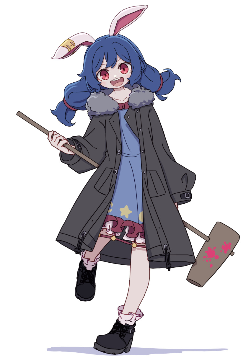 1girl absurdres ambiguous_red_liquid animal_ears black_coat black_footwear blue_dress blue_hair blush coat collarbone dress earclip full_body highres holding kame_(kamepan44231) kine long_hair long_sleeves looking_at_viewer mallet open_clothes open_coat open_mouth rabbit_ears red_eyes seiran_(touhou) shoes simple_background smile socks solo teeth touhou upper_teeth_only white_background white_socks