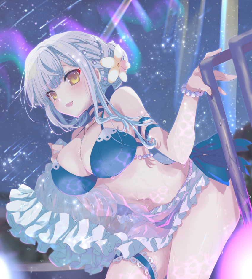 1girl assault_lily bikini blue_bikini blue_choker blunt_bangs blurry blurry_background blush bracelet breasts bridal_garter caustics choker cleavage clothes_lift commentary cowboy_shot fingernails flower frilled_sarong frills grey_hair hair_bun hair_flower hair_ornament halterneck hand_on_railing hands_up highres jewelry kon_kanaho large_breasts leaning_forward lifted_by_self long_hair looking_at_viewer nari_(mokemokenari) night night_sky official_alternate_costume official_alternate_hairstyle outdoors parted_lips pearl_bracelet pearl_hair_ornament railing sarong sarong_lift shooting_star sidelocks single_hair_bun sky smile solo standing star_(sky) swimsuit water_drop wet white_sarong yellow_eyes yellow_flower