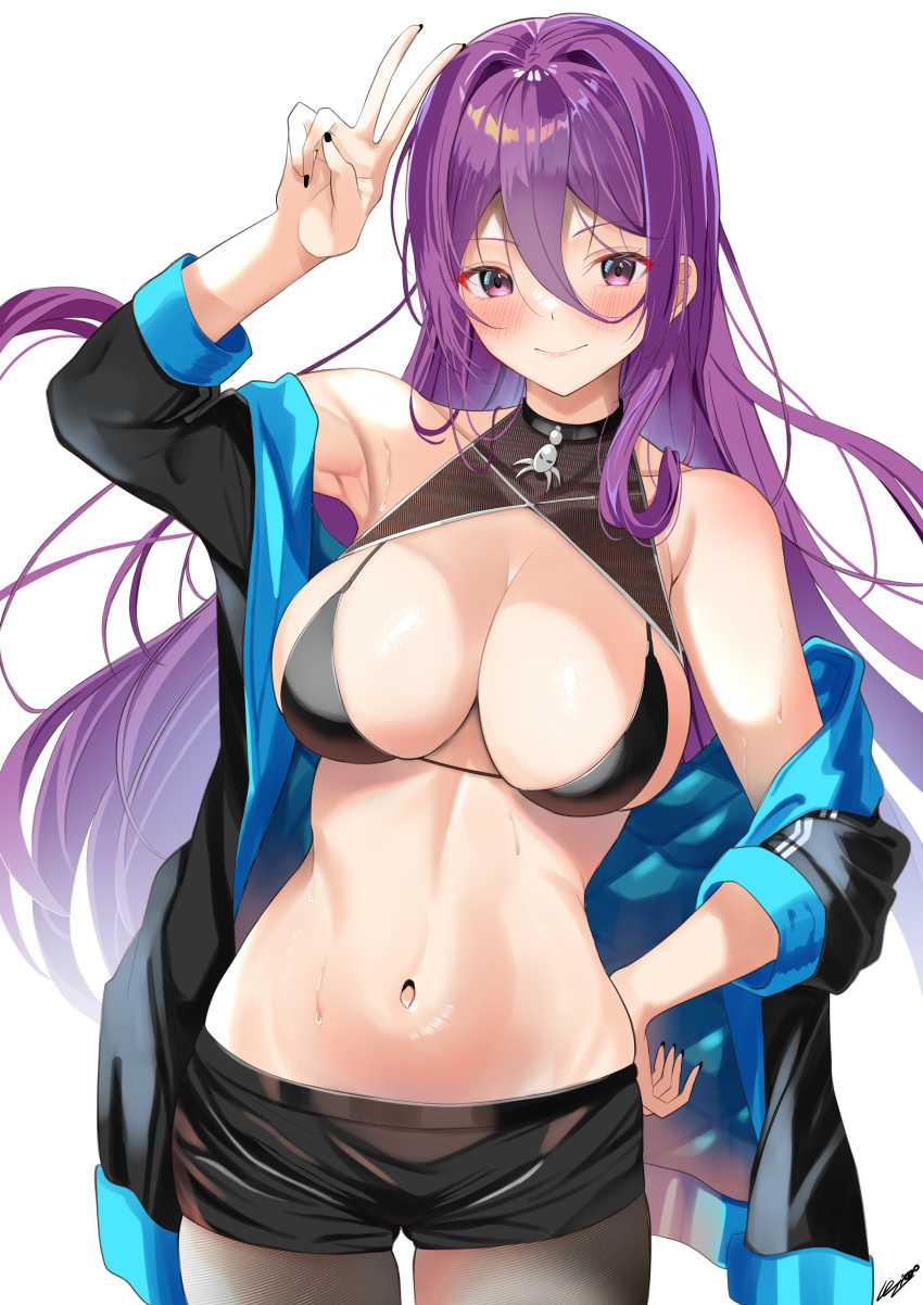 1girl absurdres bare_shoulders bikini black_nails black_pantyhose blush breasts highres jacket jacket_partially_removed large_breasts lolipop_(nmaf4445) long_hair looking_at_viewer navel off_shoulder original pantyhose purple_eyes purple_hair short_shorts shorts simple_background smile solo stomach swimsuit thighs v white_background