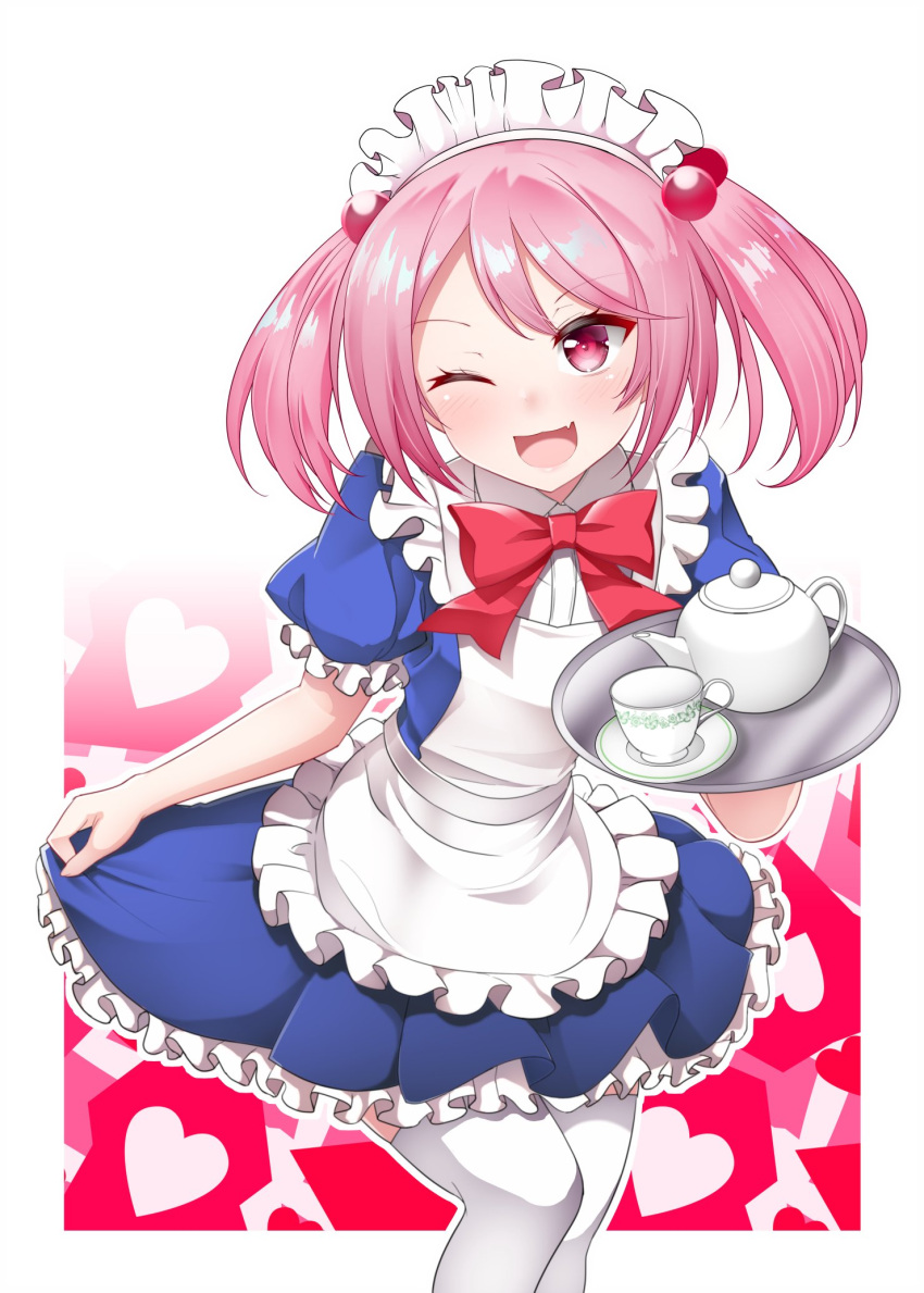 1girl alternate_costume apron blue_dress bow bowtie cup dress enmaided fang frilled_apron frills hair_bobbles hair_ornament highres kantai_collection kirigakure_(kirigakure_tantei_jimusho) maid maid_headdress pink_eyes pink_hair red_bow red_bowtie sazanami_(kancolle) short_hair skin_fang solo tea_set teacup teapot thighhighs twintails white_apron white_thighhighs