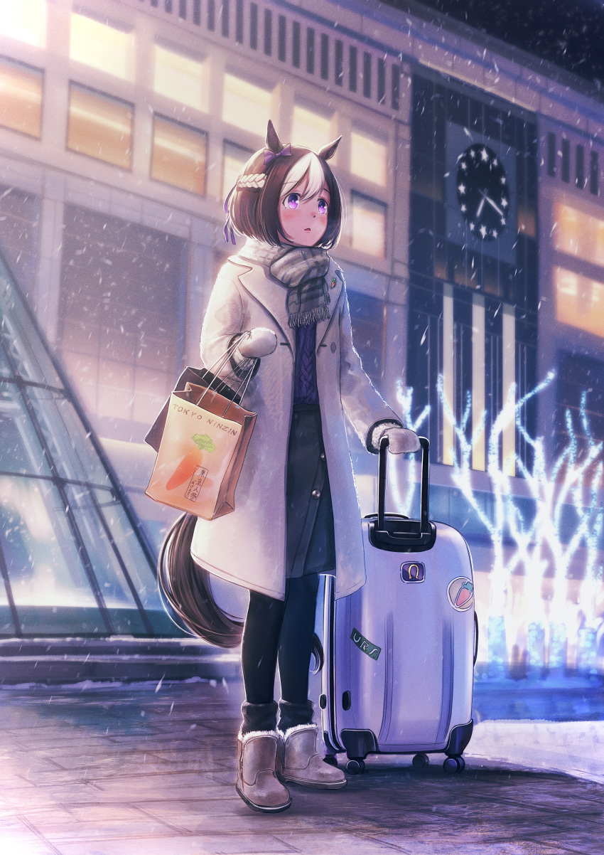 1girl absurdres alternate_costume animal_ears bag black_skirt black_thighhighs blush boots brown_coat brown_hair building coat commentary_request fur_boots highres holding holding_bag horse_ears horse_girl horse_tail leg_warmers long_sleeves mittens multicolored_hair night outdoors pantyhose ponpochi purple_eyes real_world_location sapporo_(city) sapporo_station scarf shopping_bag short_hair skirt snow snowing solo special_week_(umamusume) standing suitcase tail thighhighs tree two-tone_hair ugg_boots umamusume