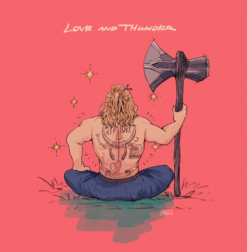 1boy amazou animification artist_name back back_tattoo belt blonde_hair blue_pants brown_belt commentary_request copyright_name crescent_tattoo denim grass hair_bun hand_up heart heart_tattoo highres holding holding_weapon long_hair male_focus marvel marvel_cinematic_universe muscular muscular_male pants pink_background pocket shadow simple_background sitting solo sparkle stormbreaker tattoo thor:_love_and_thunder thor_(marvel) topless weapon