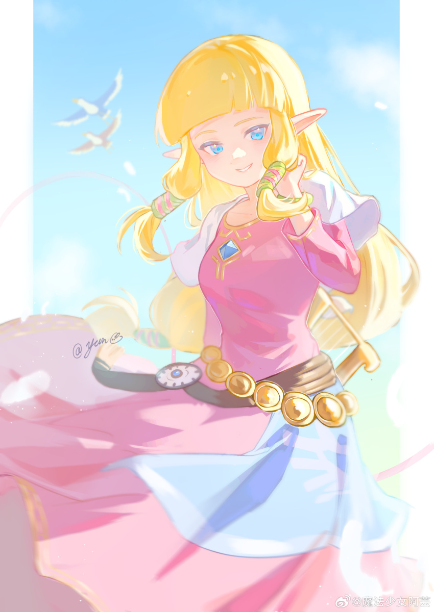 1girl absurdres bird blonde_hair blue_eyes breasts capelet chinese_commentary commentary_request dress highres jewelry long_dress long_hair low-tied_long_hair low-tied_sidelocks medium_breasts pink_dress pointy_ears princess_zelda revision signature solo the_legend_of_zelda the_legend_of_zelda:_skyward_sword very_long_hair weibo_logo weibo_username white_capelet yun_(dl2n5c7kbh8ihcx)