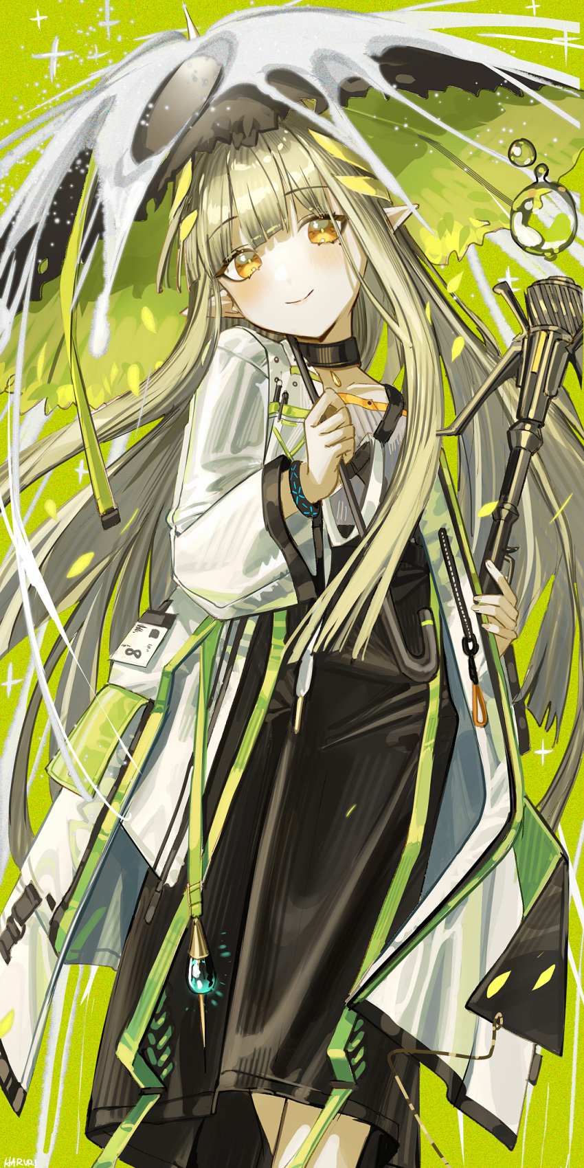 1girl arknights black_skirt black_umbrella brown_eyes brown_hair closed_mouth collarbone commentary_request frilled_umbrella frills green_background haruri head_tilt highres holding holding_umbrella jacket long_hair long_sleeves looking_at_viewer muelsyse_(arknights) open_clothes open_jacket pointy_ears shirt skirt smile solo standing umbrella very_long_hair white_jacket white_shirt wide_sleeves