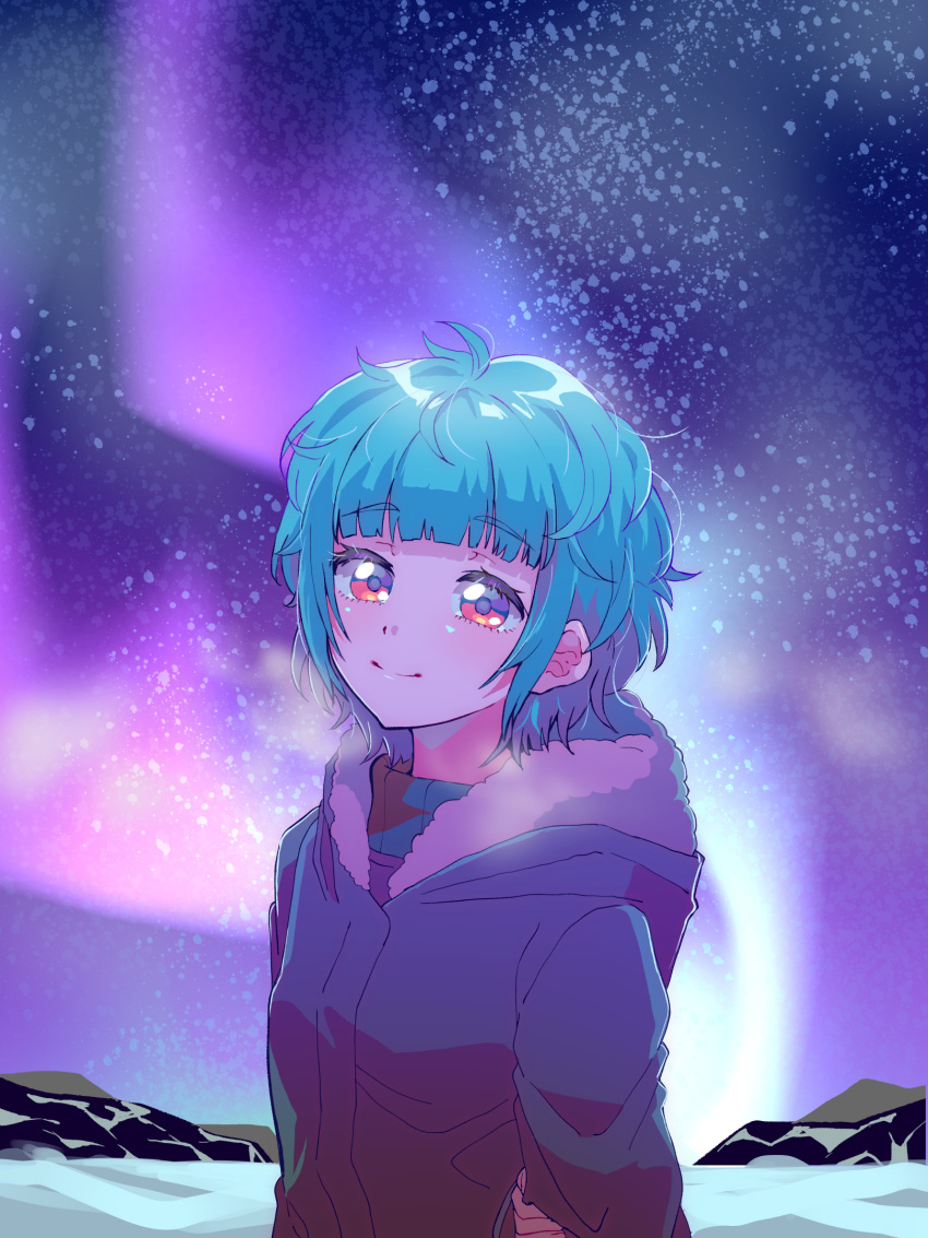 1girl ahoge aurora blue_hair blunt_bangs closed_mouth fur-trimmed_jacket fur_trim highres hood hood_down hooded_jacket jacket long_sleeves looking_at_viewer messy_hair night night_sky omega_auru outdoors pink_eyes pretty_series pun short_hair sky smile snow solo star_(sky) starry_sky tsujii_ruki upper_body waccha_primagi! winter winter_clothes