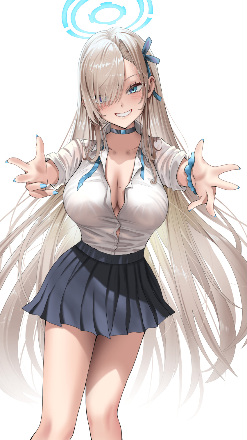 1girl absurdres asuna_(blue_archive) asymmetrical_bangs blue_archive blue_halo blue_nails breasts buko_(bukosuki) button_gap choker cleavage collarbone collared_shirt feet_out_of_frame grin hair_over_one_eye halo highres imminent_hug large_breasts light_brown_hair long_hair loose_necktie miniskirt mole mole_on_breast necktie partially_unbuttoned pleated_skirt reaching reaching_towards_viewer school_uniform shirt shirt_tucked_in simple_background skirt smile solo uniform very_long_hair white_background white_shirt