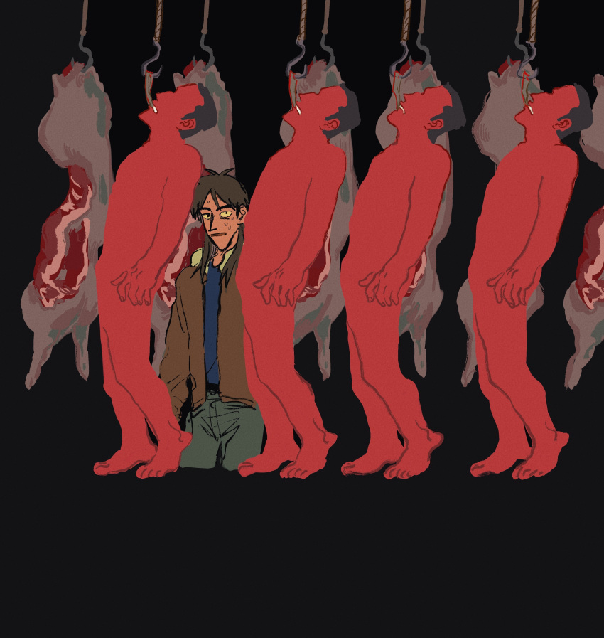5boys absurdres black_background black_hair bomber_jacket brown_jacket carcass chinese_commentary colored_skin commentary_request cowboy_shot cropped_legs faceless faceless_male food grey_pants highres hook itou_kaiji jacket kaiji long_hair long_sleeves looking_at_viewer male_focus meat meat_hook medium_bangs mimulishizi multiple_boys open_mouth pants pig pointy_nose red_skin simple_background sweat