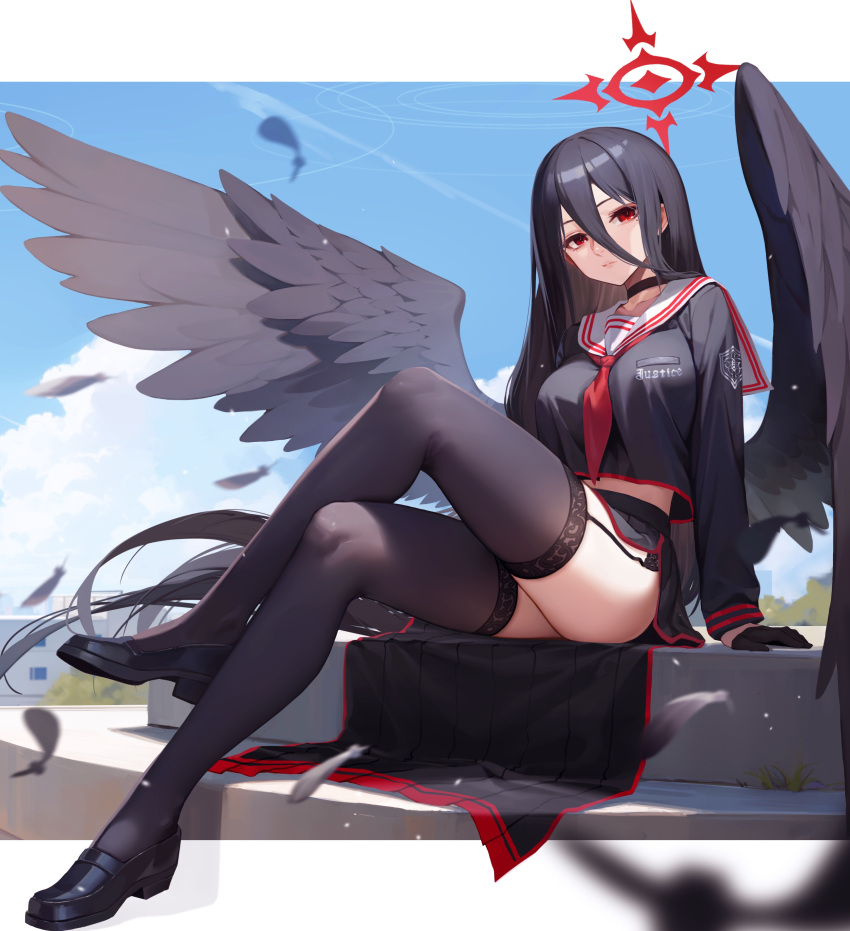 1girl absurdres black_choker black_footwear black_gloves black_hair black_serafuku black_skirt black_thighhighs black_wings blue_archive breasts choker closed_mouth day feathered_wings feathers gloves halo hasumi_(blue_archive) highres large_breasts long_hair long_sleeves looking_at_viewer neckerchief outdoors pleated_skirt red_eyes red_halo red_neckerchief sailor_collar school_uniform serafuku shoes sitting skirt solo squidsmith thighhighs very_long_hair white_sailor_collar wings
