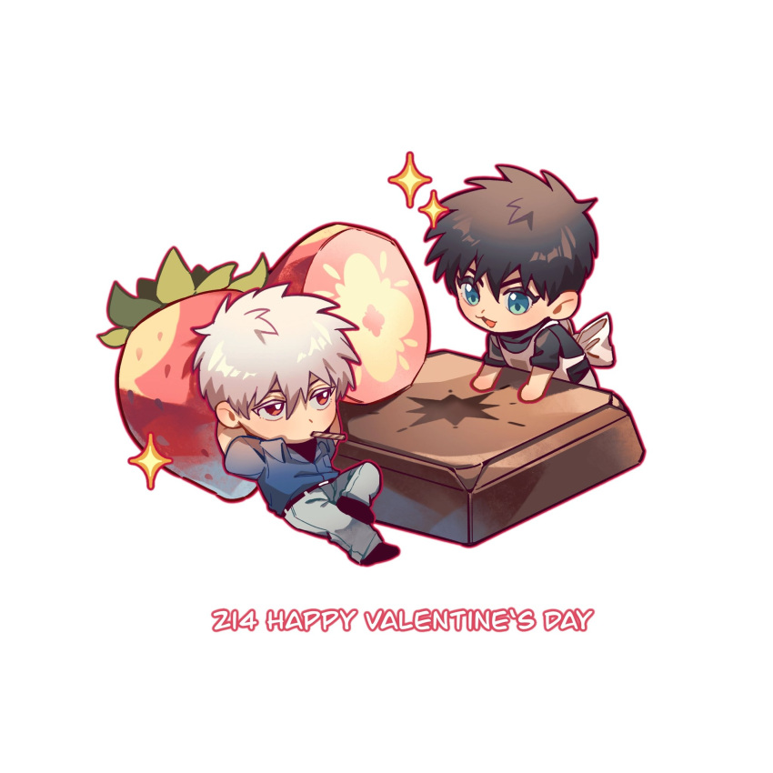 2boys akagi:_yami_ni_oritatta_tensai akagi_shigeru apron black_hair black_shirt blue_eyes chibi chocolate commentary_request expressionless food fruit fukumoto_mahjong full_body grey_hair grey_pants hair_between_eyes happy_valentine highres long_bangs looking_at_another male_focus medium_bangs multiple_boys open_mouth pants red_eyes shirt short_hair simple_background smile sparkle strawberry suefu tobaku_haouden_zero ukai_zero wafer_stick white_apron white_background