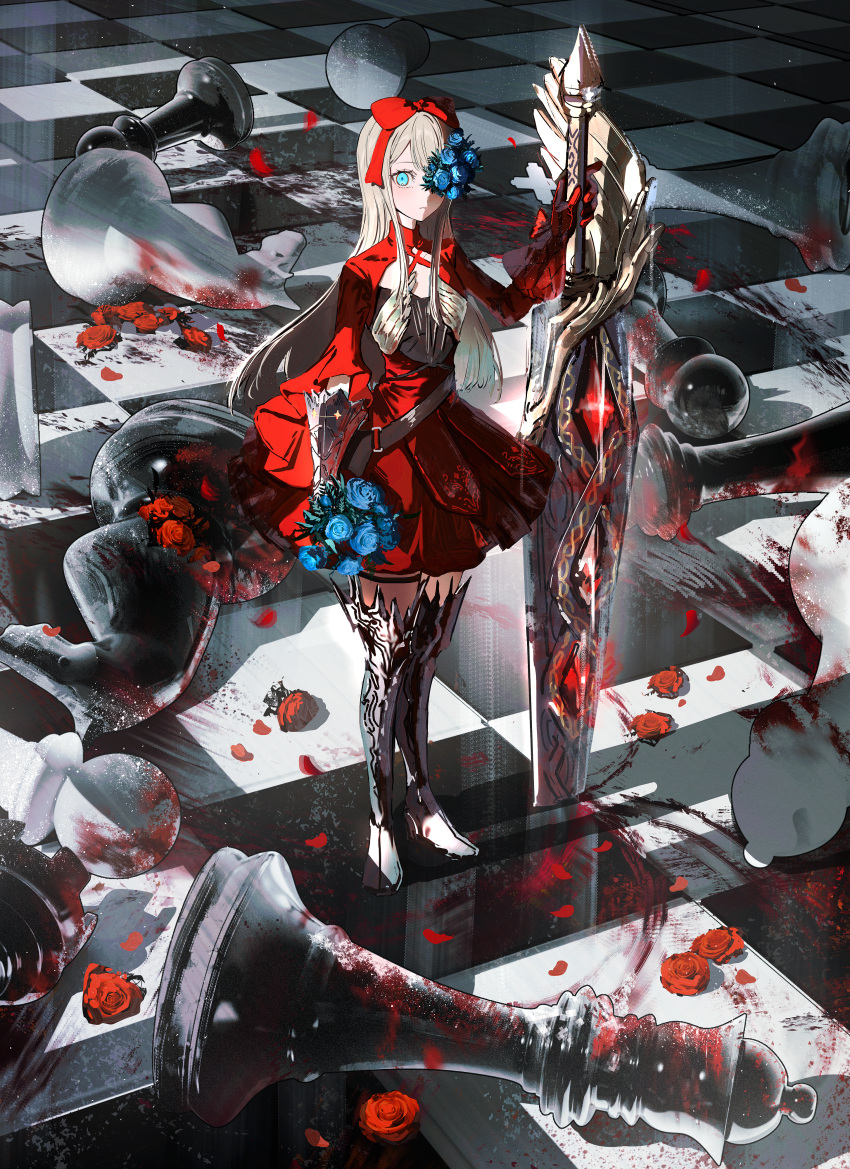 1girl absurdres armored_boots bishop_(chess) blonde_hair blood blood_splatter blue_eyes boots bouquet bow checkered_floor chess_piece expressionless flower flower_over_eye gauntlets gawako hair_bow highres holding holding_bouquet holding_weapon knight_(chess) looking_at_viewer original pawn_(chess) planted planted_sword queen_(chess) red_bow rook_(chess) rose solo standing sword weapon