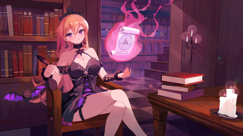 1girl absurdres bare_shoulders bat_(animal) book bookshelf breasts candelabra candle candlestand choker cleavage commentary commentary_request crossed_legs crown earrings fire highres jewelry large_breasts library long_hair magic_circle official_art phase_connect pink_hair purple_eyes quill runie_ruse scroll sitting solo stairs table tamago_nezumi thigh_strap tiara