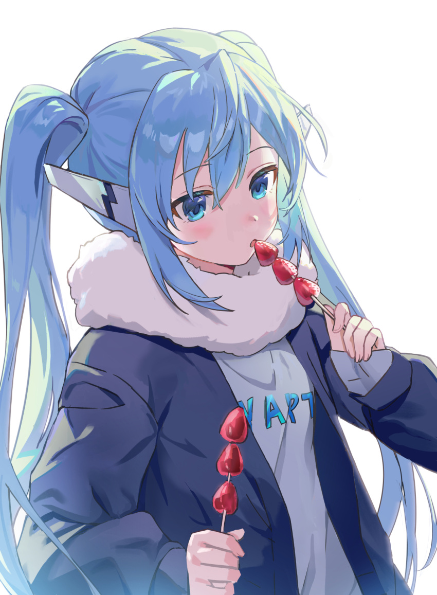 1girl alternate_costume blue_eyes blue_hair blue_jacket blush commentary_request food hair_between_eyes highres holding holding_food jacket kuza_brs long_hair long_sleeves nymph_(sora_no_otoshimono) open_clothes open_jacket open_mouth scarf shirt simple_background solo sora_no_otoshimono twintails upper_body white_background white_scarf white_shirt