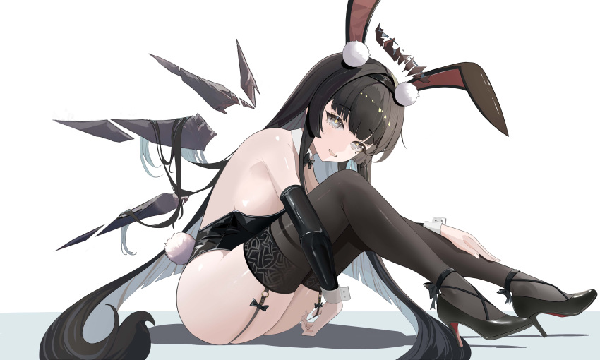 1girl absurdres alternate_costume animal_ears arknights armpit_crease ass bare_shoulders black_bow black_bowtie black_footwear black_garter_straps black_hair black_hairband black_halo black_leotard black_sleeves black_thighhighs blunt_bangs bow bowtie breasts broken_halo chinese_commentary colored_inner_hair commentary_request dark_halo detached_collar detached_sleeves detached_wings drop_shadow energy_wings eyelashes fake_animal_ears fake_tail fingernails from_side full_body garter_straps grey_eyes grey_hair grey_wings hair_flowing_over hair_spread_out hairband halo hand_on_own_leg hand_rest happy hatching_(texture) high_heels highres hime_cut knees_up large_breasts leaning leaning_forward legs leotard linear_hatching lips long_fingernails long_hair long_sleeves looking_at_viewer looking_to_the_side mole mole_under_eye multicolored_hair open_mouth pale_skin playboy_bunny pom_pom_(clothes) rabbit_ears rabbit_tail shadow shiny_clothes shiny_footwear shiny_legwear shiny_skin sideboob sidelocks simple_background sitting skin_tight sleeveless smile solo straight_hair strap_pull strapless strapless_leotard strappy_heels tail thighhighs thighs toes_up two-tone_hair very_long_hair virtuosa_(arknights) white_background white_tail white_wrist_cuffs wing_collar wings wrist_cuffs yellow_pupils zyurh_shi_nen