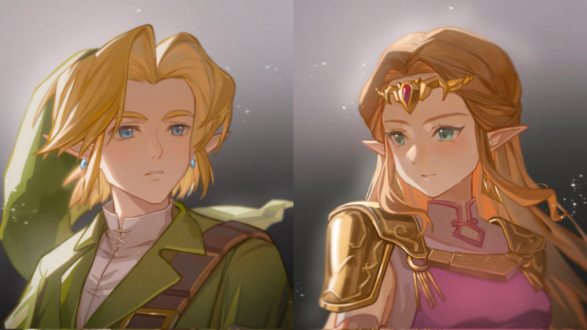 1boy 1girl aqua_eyes armor blonde_hair blue_eyes breasts circlet commentary earrings green_headwear green_tunic hat highres jewelry link orange_hair pointy_ears princess_zelda shoulder_armor small_breasts split_screen the_legend_of_zelda the_legend_of_zelda:_ocarina_of_time triforce_earrings yun_(dl2n5c7kbh8ihcx)