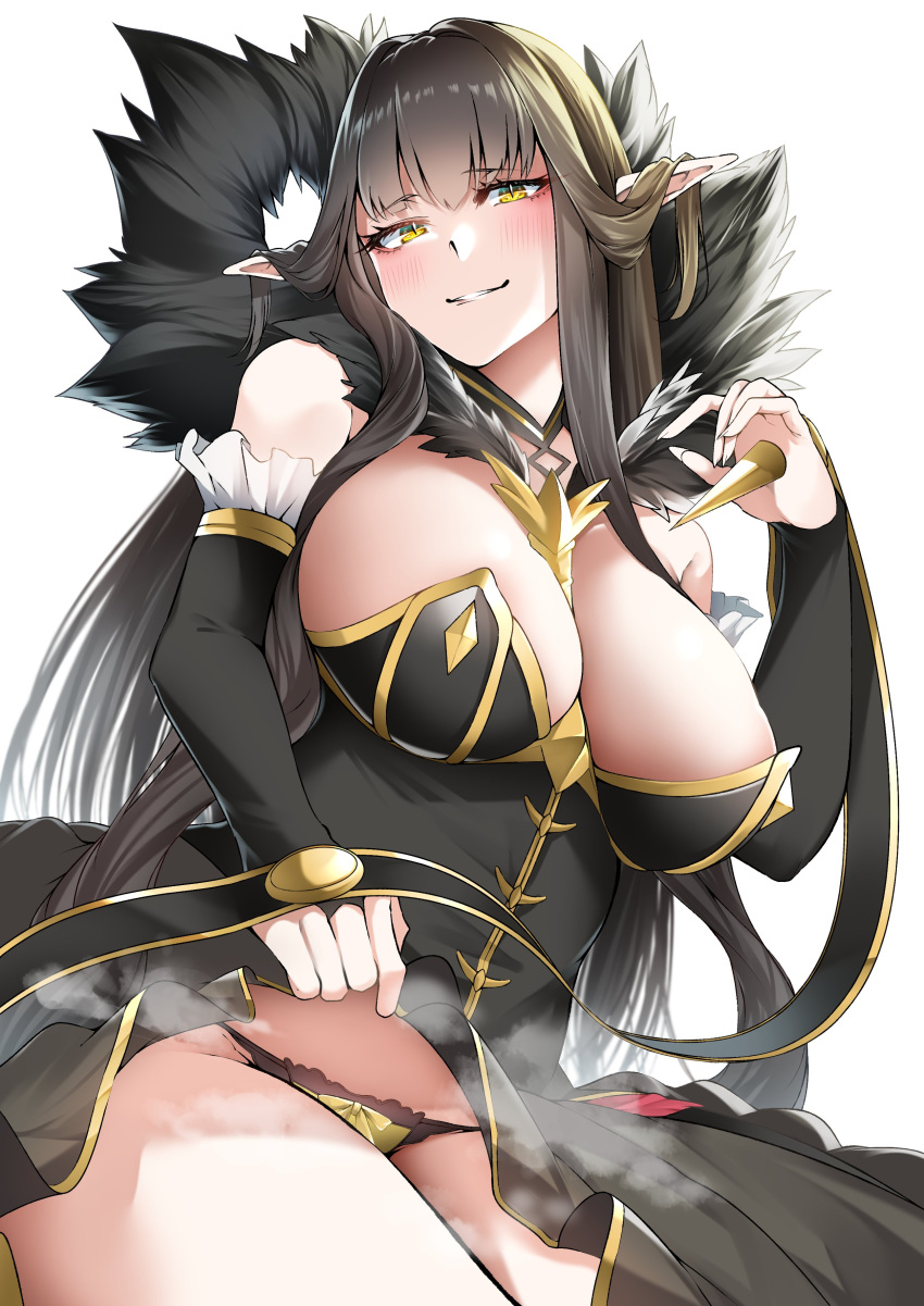 1girl absurdres bare_shoulders black_dress black_panties blush breasts brown_hair cleavage clothes_lift detached_sleeves dress dress_lift fate/apocrypha fate_(series) fur_trim gold_trim grin highres large_breasts len_(hand_linke) long_hair looking_at_viewer panties pointy_ears semiramis_(fate) sidelocks slit_pupils smile solo spikes underwear very_long_hair yellow_eyes
