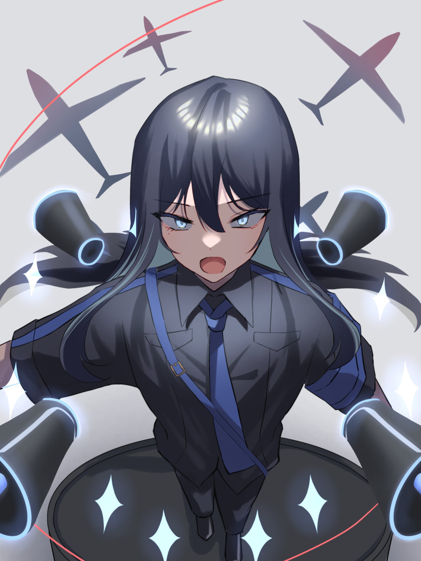 1girl absurdres ado_(utaite) black_hair black_shirt blue_eyes blue_hair blue_necktie chando_(ado) cloud_nine_inc collared_shirt colored_inner_hair commentary dress_shirt full_body grey_background hair_between_eyes highres koi_wa_sensou_(vocaloid) long_hair looking_at_viewer mole mole_under_eye multicolored_hair necktie open_mouth shirt sidelocks simple_background solo sparkle tsukuno_tsuki two-tone_hair utaite