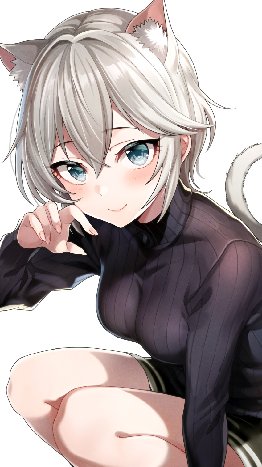 1girl absurdres anastasia_(idolmaster) animal_ear_fluff animal_ears black_sweater blush breasts cat_ears cat_tail extra_ears fingernails grey_hair highres idolmaster idolmaster_cinderella_girls kemonomimi_mode looking_at_viewer medium_breasts popon_ta ribbed_sweater short_hair simple_background smile solo squatting sweater tail white_background