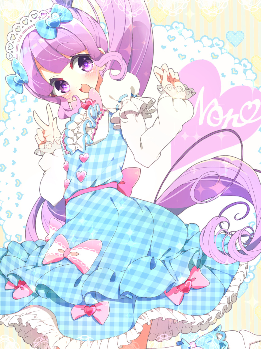 1girl :d blue_bow blue_dress blunt_bangs blush bow buttons center_frills character_name dress frilled_dress frills hair_bow hands_up heart heart_button highres idol_clothes long_hair looking_at_viewer manaka_non marueri open_mouth pink_bow plaid plaid_dress pretty_series pripara purple_eyes purple_hair side_ponytail smile solo sparkle standing v very_long_hair